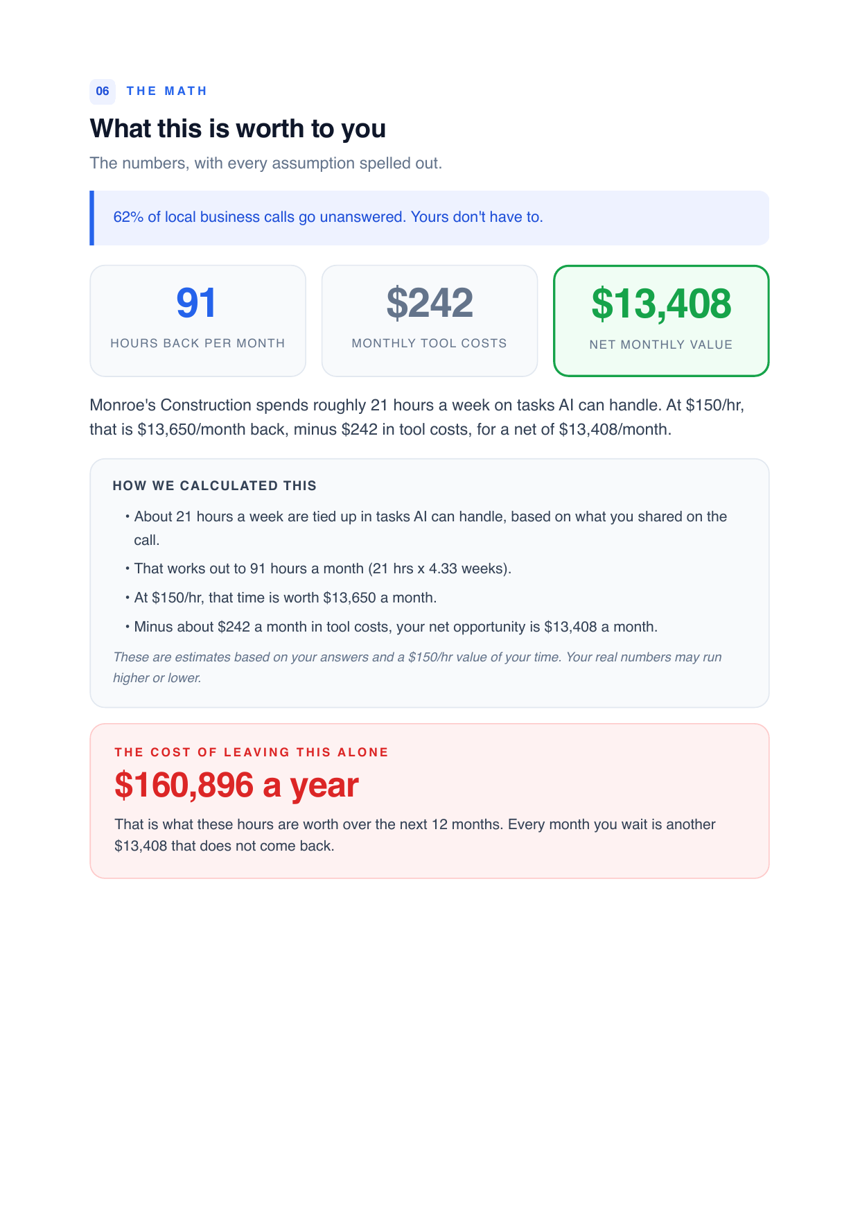 Sample audit report page 5: The math, with every assumption shown