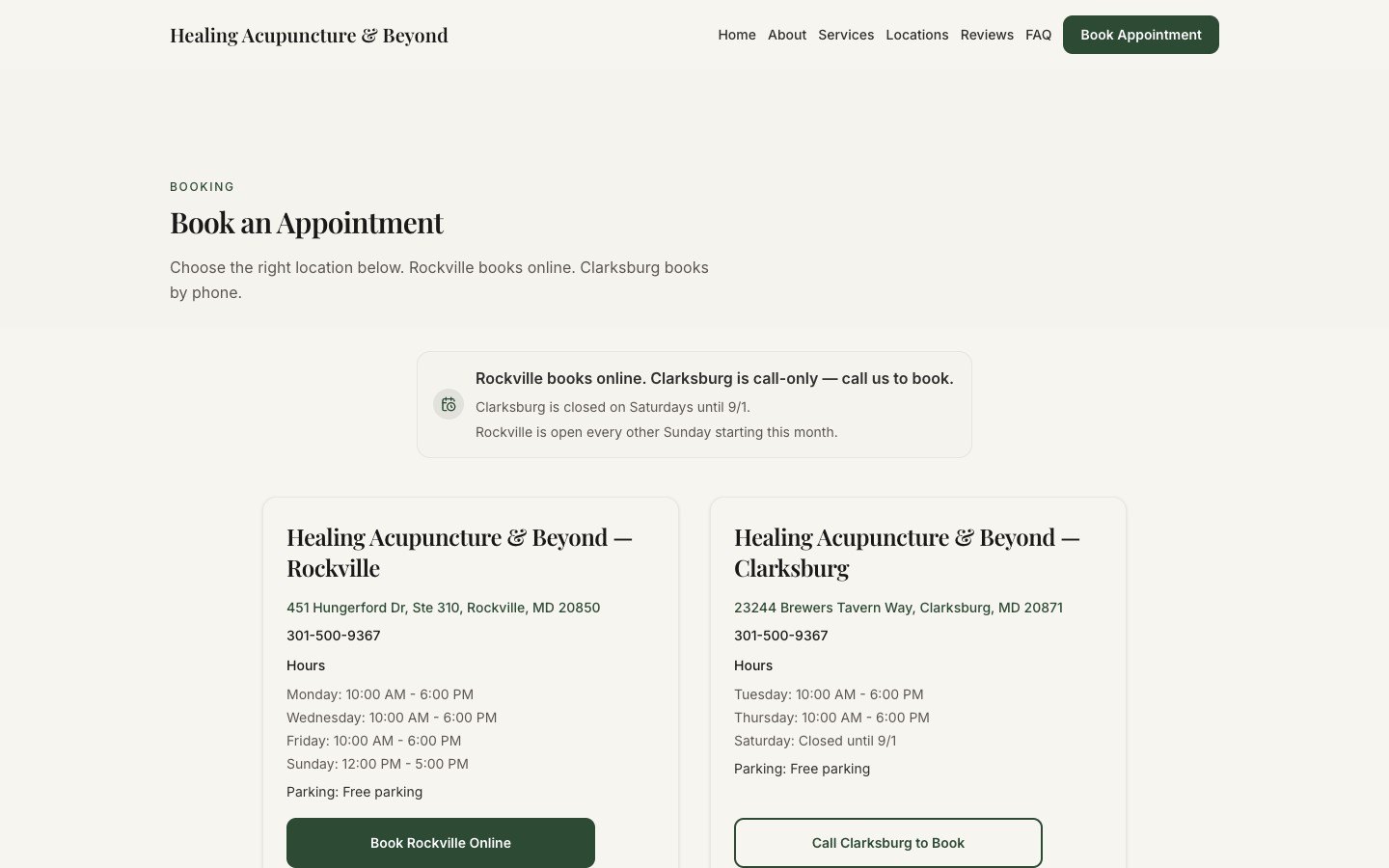 The live booking page: each clinic shown with its own address, hours, parking, and a booking action