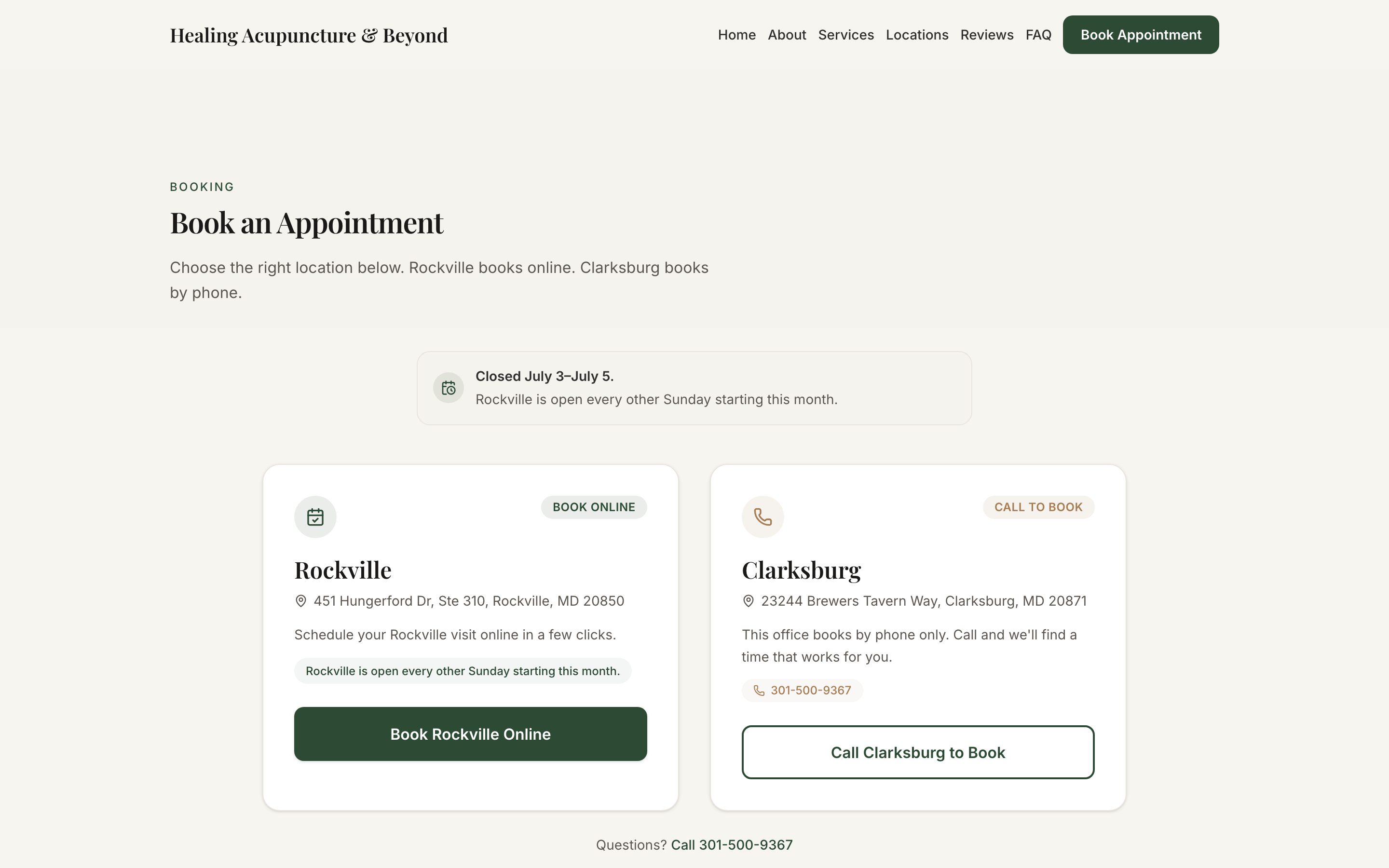 Automated 24/7 booking page for both clinic locations