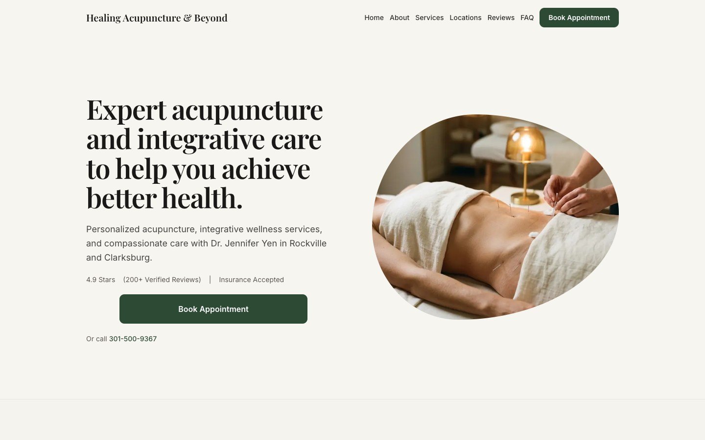 The live Healing Acupuncture and Beyond homepage I built: hero, service summary, and a book appointment call to action